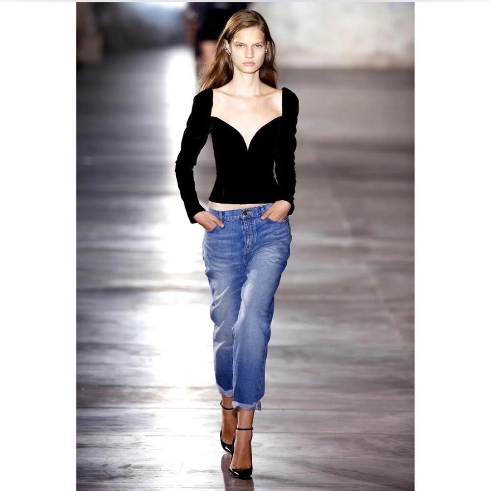 Saint Laurent Black Velvet Long Sleeve Corset Top Plunge V-Neck 38 EU 6 US